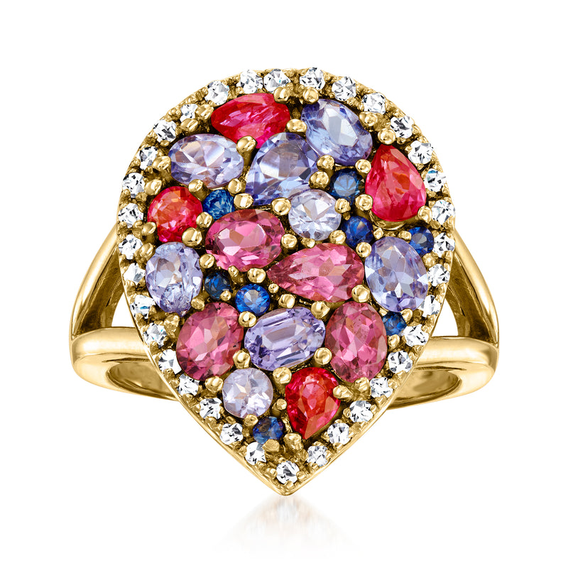 14kt yellow gold multi-gemstone ring with pink, blue, red stones and diamond halo
