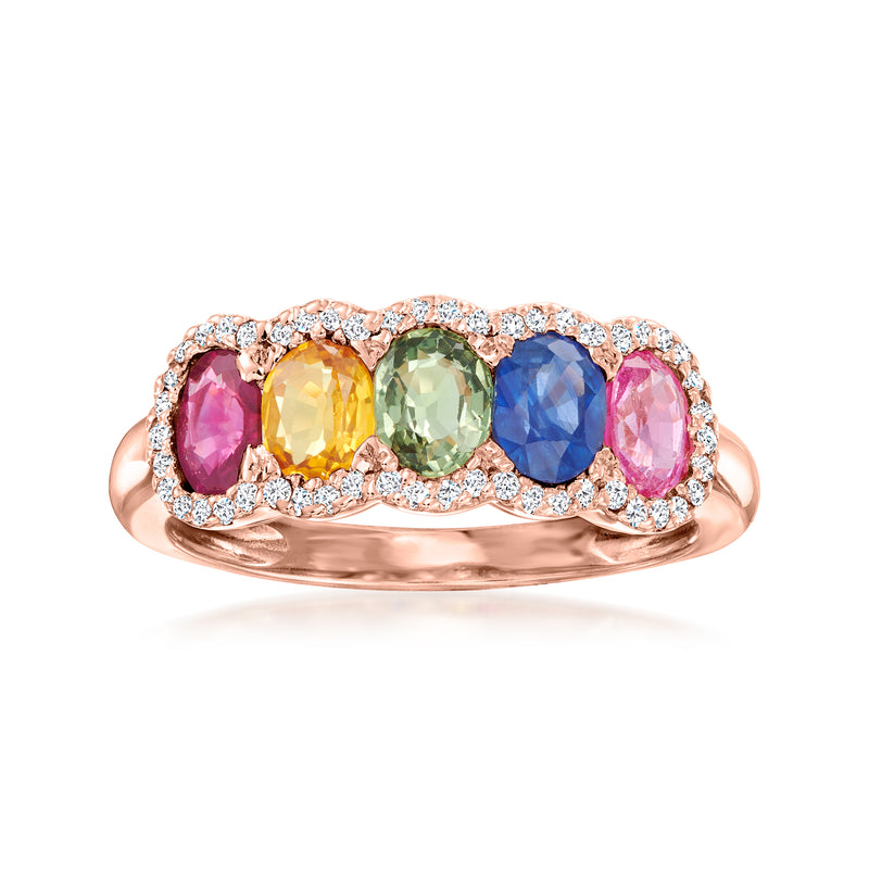 14kt rose gold ring with multicolored oval sapphires and diamond halo detail