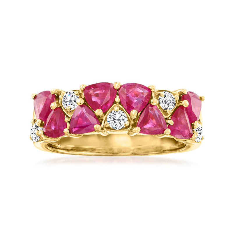 14kt yellow gold ruby and diamond ring with three oval pink rubies