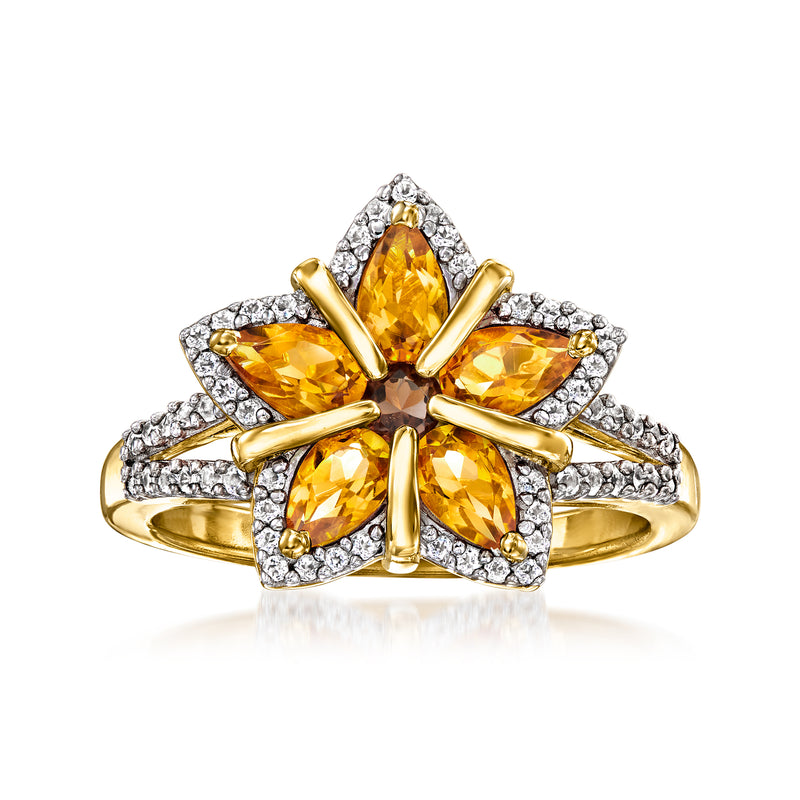Gold star ring with five oval citrine gemstones and white topaz accents
