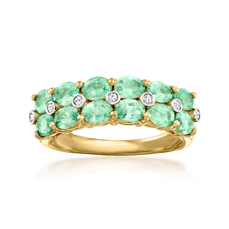 Gold two-row ring with oval green emerald-cut stones and round diamond accents