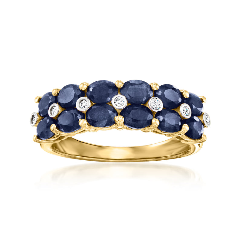 Gold over sterling two-row ring with oval blue sapphires and round diamond accents