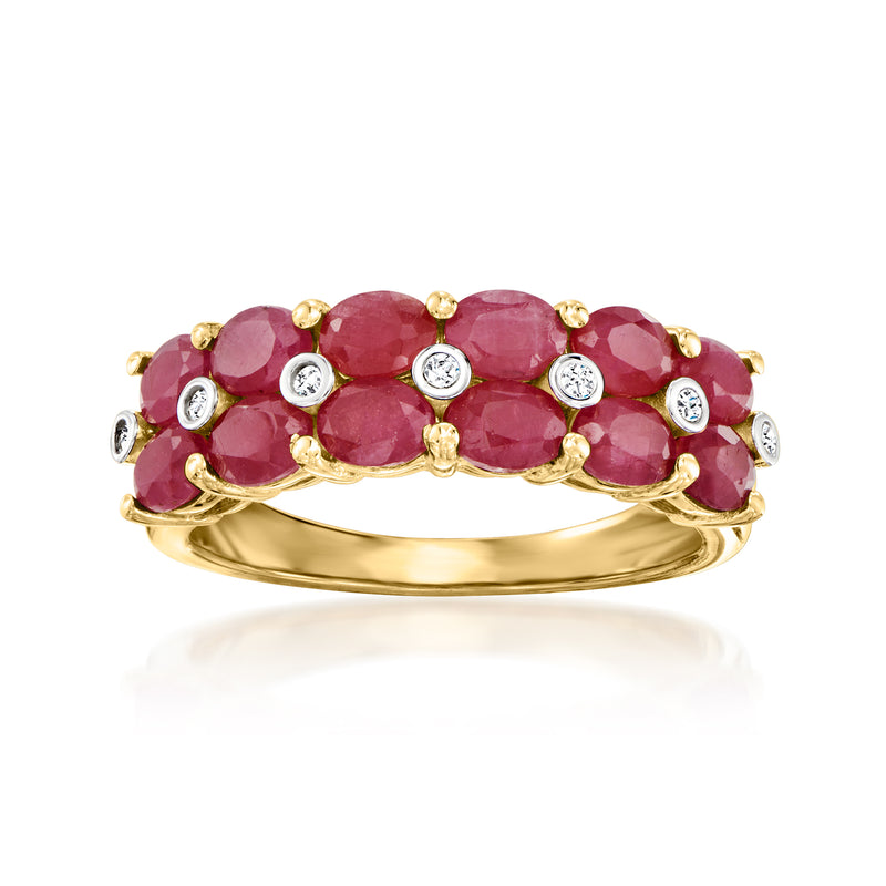 Two-row oval ruby ring with round diamond accents on gold band