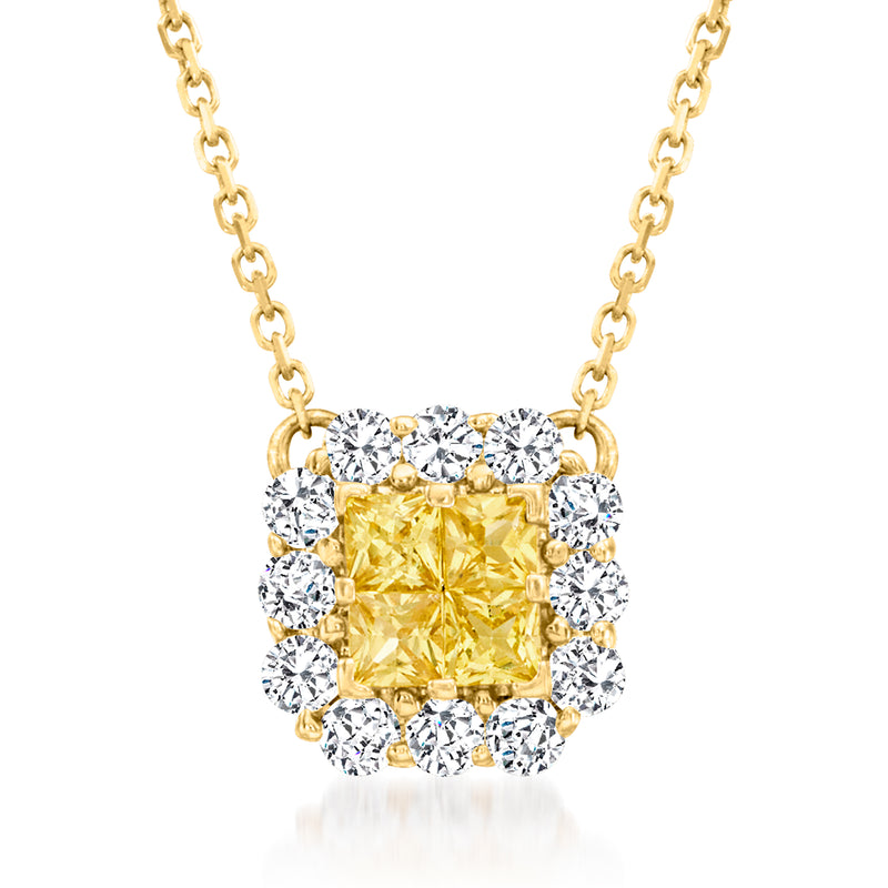 14kt yellow gold sapphire cluster necklace with yellow center and diamond halo