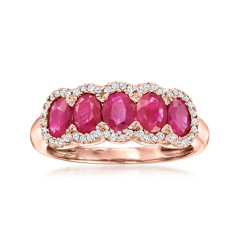 Five-stone ruby and diamond ring in 14kt rose gold, oval rubies with diamond halo