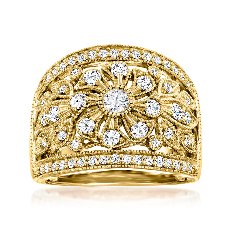 18k gold over sterling diamond floral milgrain ring with round white stones