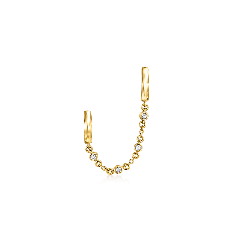14kt yellow gold hoop earring with double-piercing diamond accents and linked chain