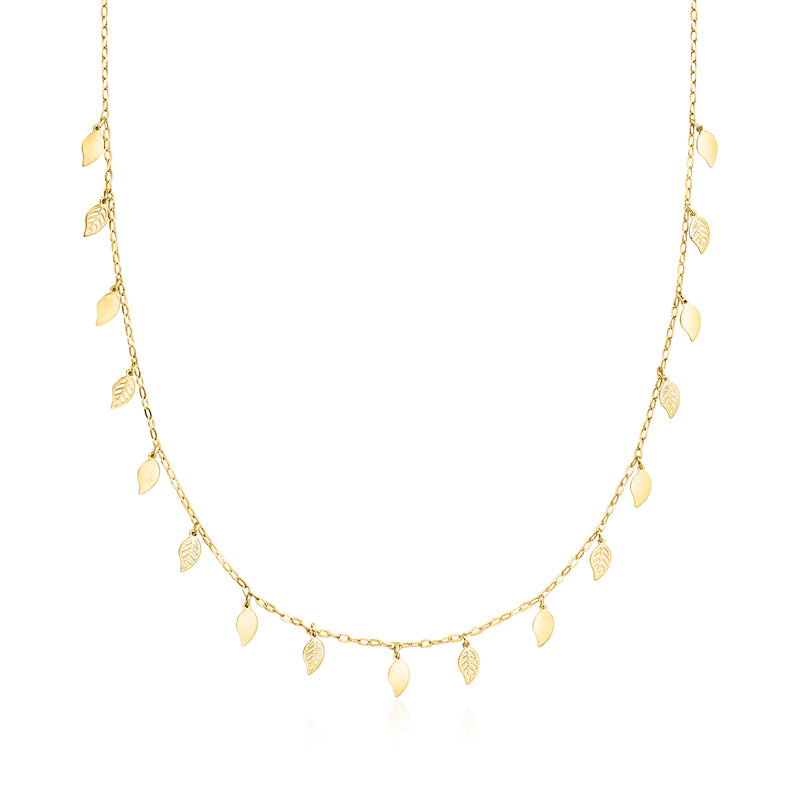 18kt yellow gold leaf station necklace with small leaf charm stations along the chain
