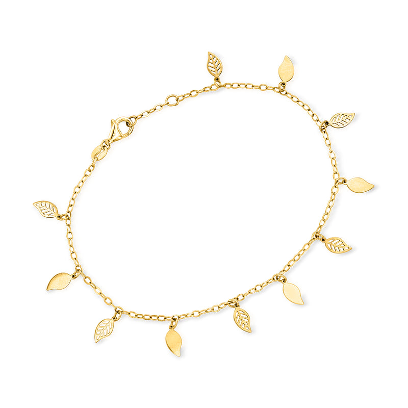 18kt yellow gold leaf charm drop bracelet with small dangling leaf pendants