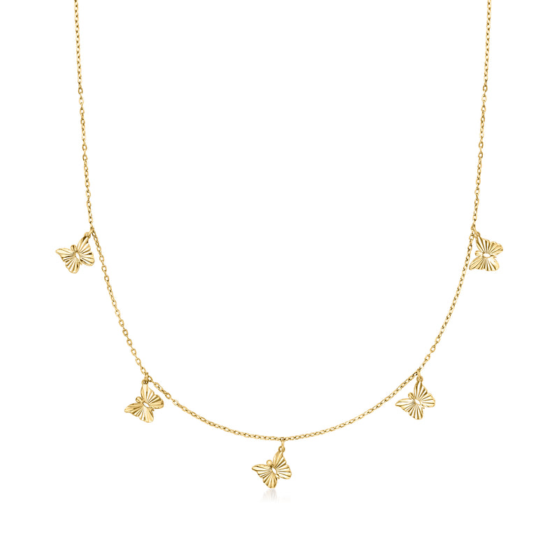 18kt yellow gold butterfly station necklace with five small butterfly charms