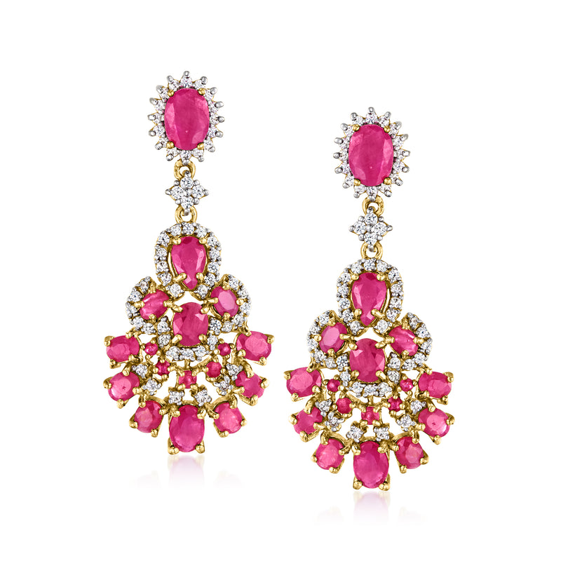 Gold drop earrings with oval pink stones and white crystal clusters, chandelier style