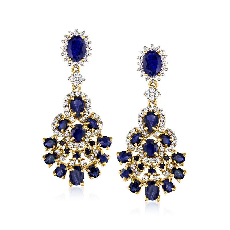 18k gold drop earrings with deep blue sapphire-like stones and white zircon accents