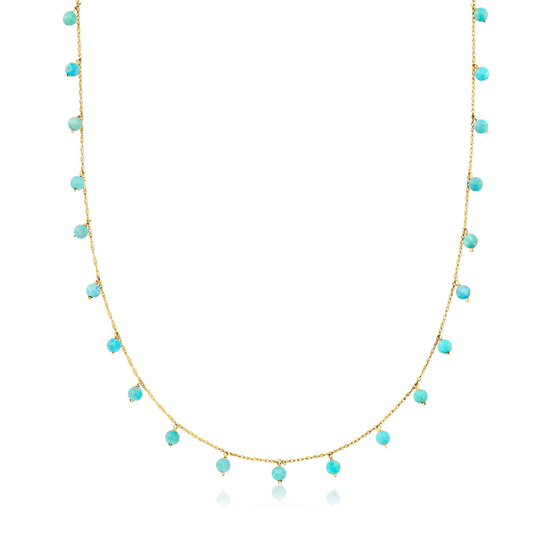 14kt yellow gold bead station necklace with small turquoise beads