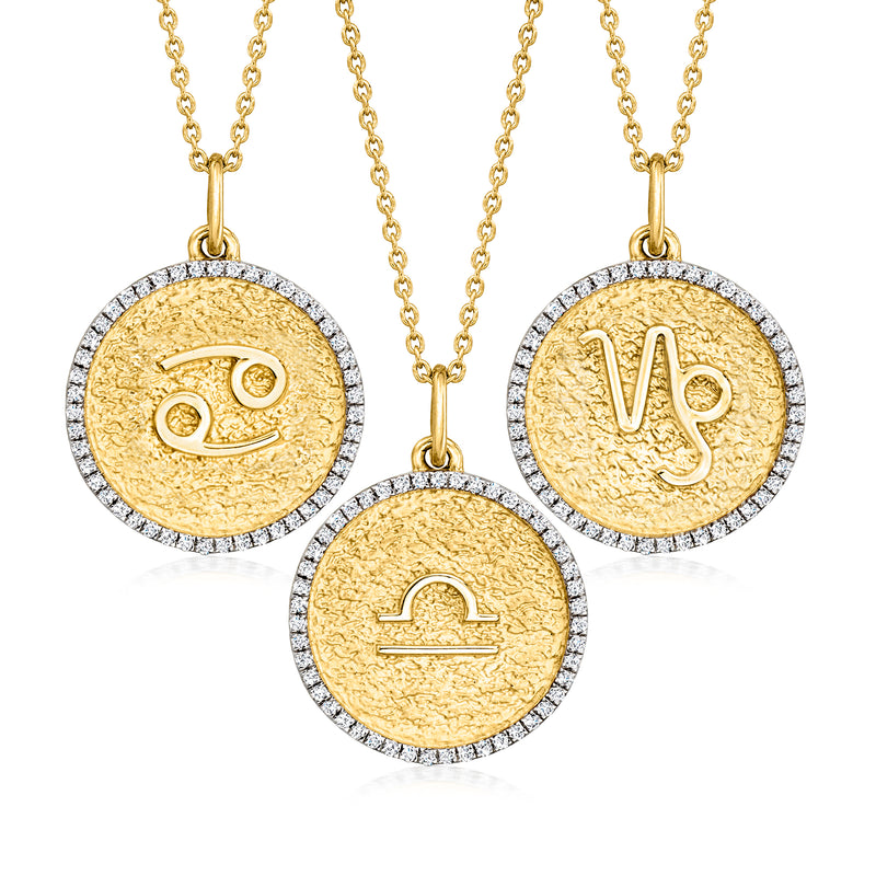 Gold-tone zodiac pendant necklace with three round pendants and diamond-studded halos
