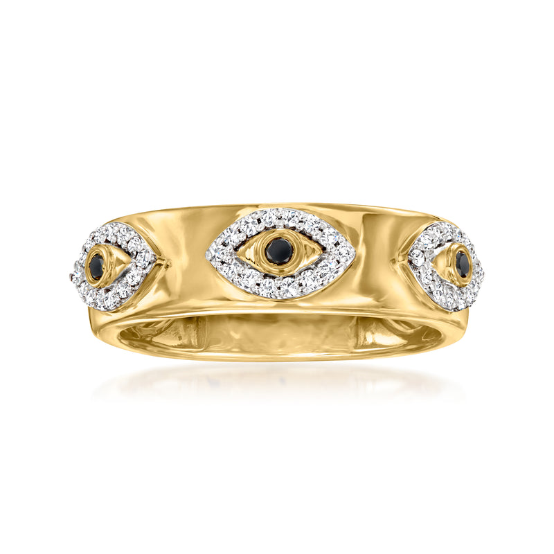 Gold evil eye diamond ring with three oval eye motifs and halo details