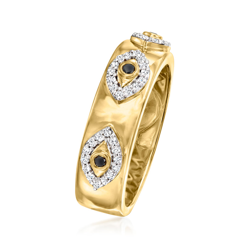 Gold evil eye diamond ring angled view with two visible oval eye motifs