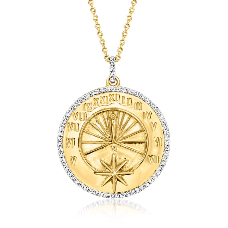 Front view round sundial pendant necklace with gold dial, star center, and diamond bezel
