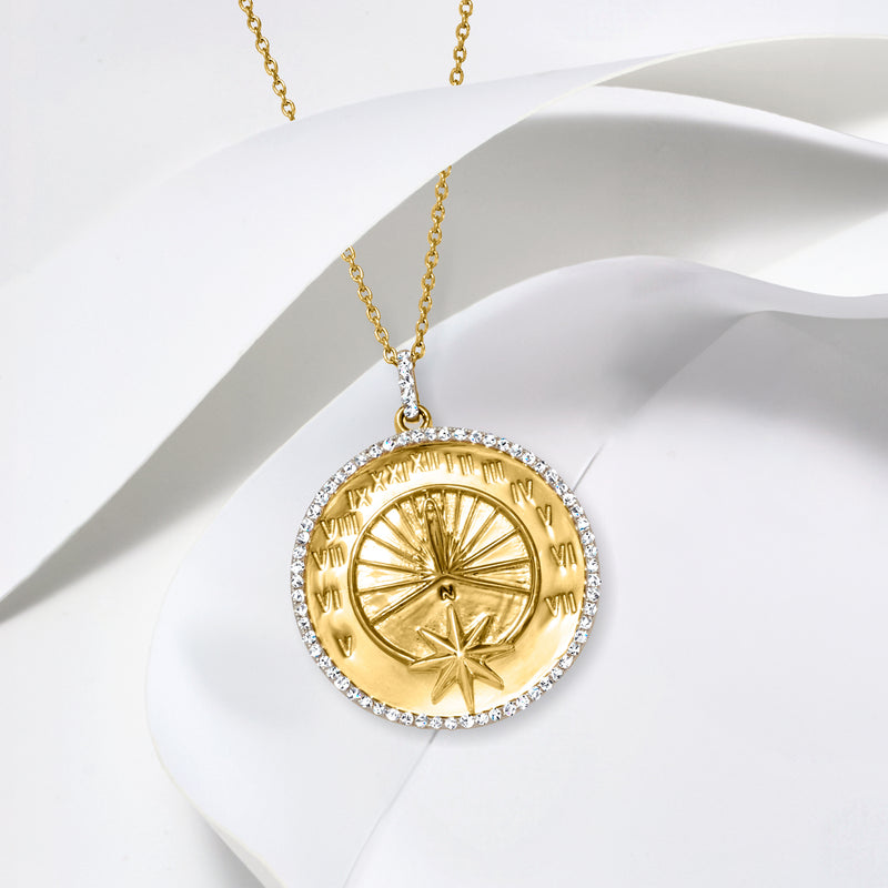 Round sundial pendant necklace in gold with diamond trim and star accent on bail