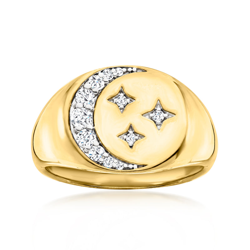 Gold signet ring with diamond moon and three star accents, crescent and stars pave detailing