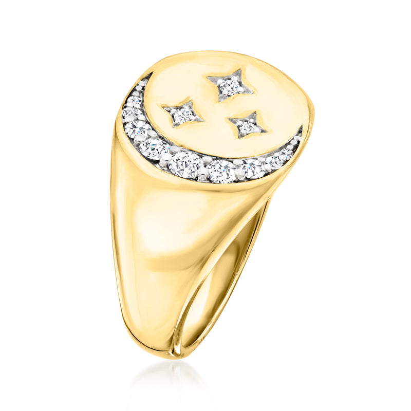 Gold over sterling signet ring with diamond crescent and moon and stars cutouts