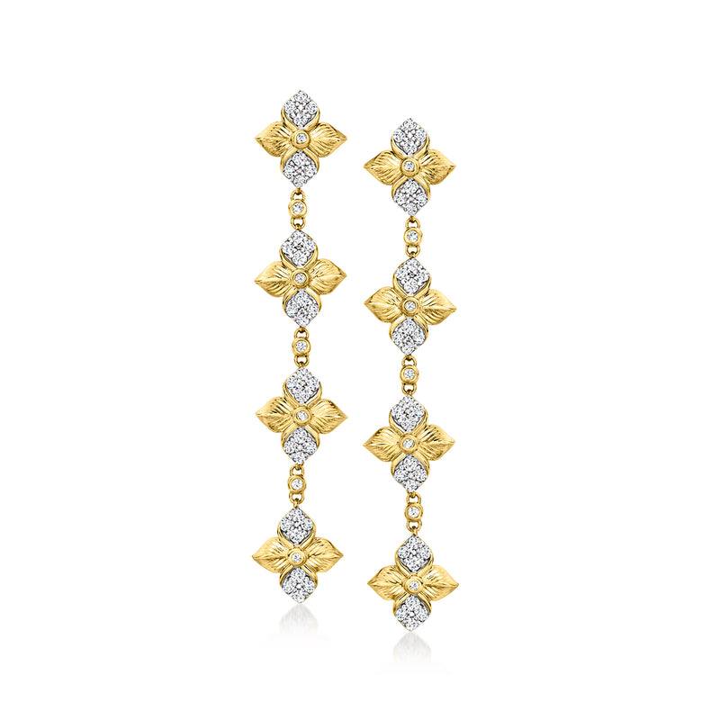 18kt gold drop earrings with linear diamond flower design and dangling round stones