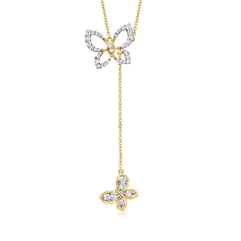 14k yellow gold Y-necklace with two diamond butterfly pendants, marquise stones