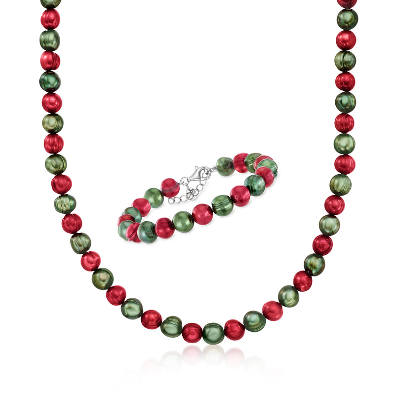 Multicolored pearl set: red/green pearls with sterling silver necklace and bracelet