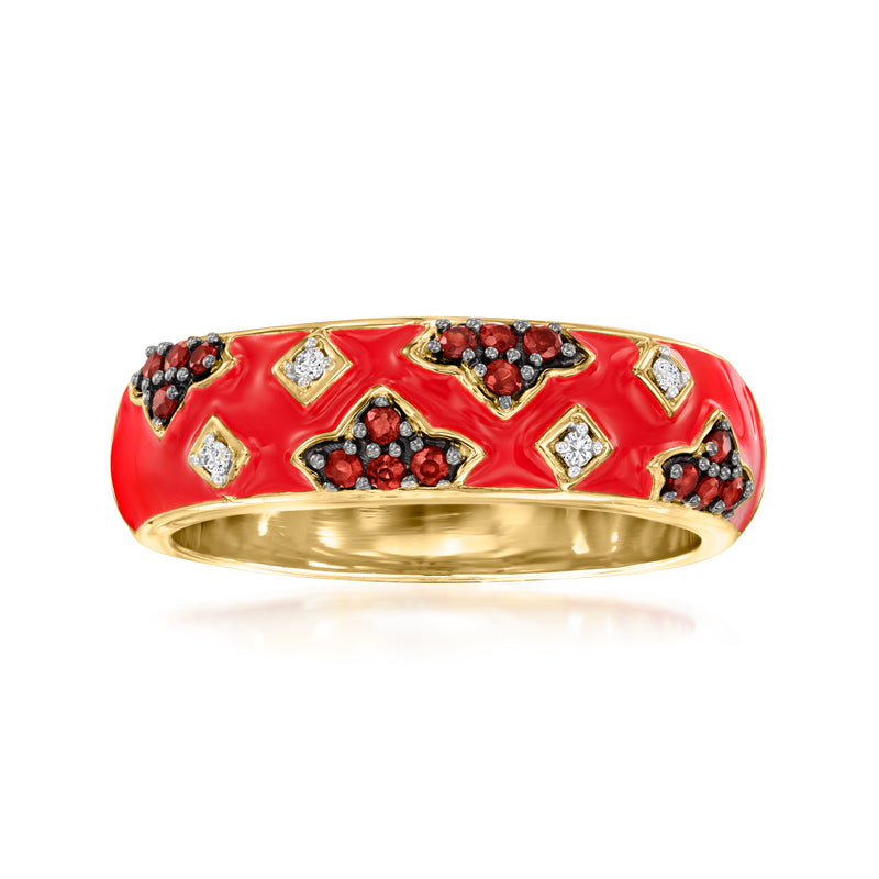 Red enamel and gold ring with garnet clusters and diamond accents