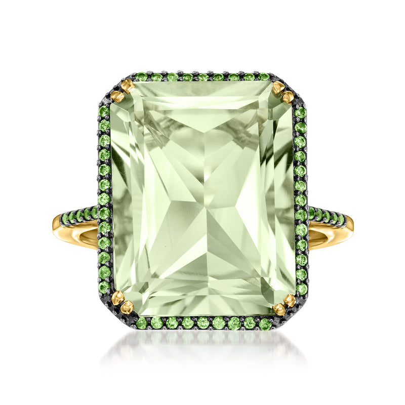 14k yellow gold ring with large rectangular pale green prasiolite and green gemstone halo