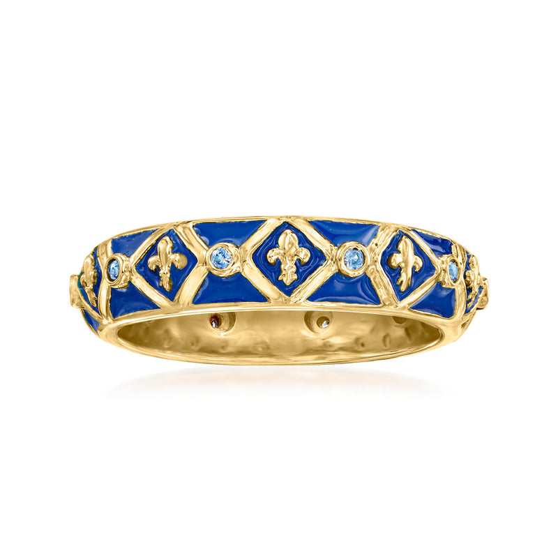 Fleur-de-lis enamel ring with blue panels, clear stones, and gold-toned band