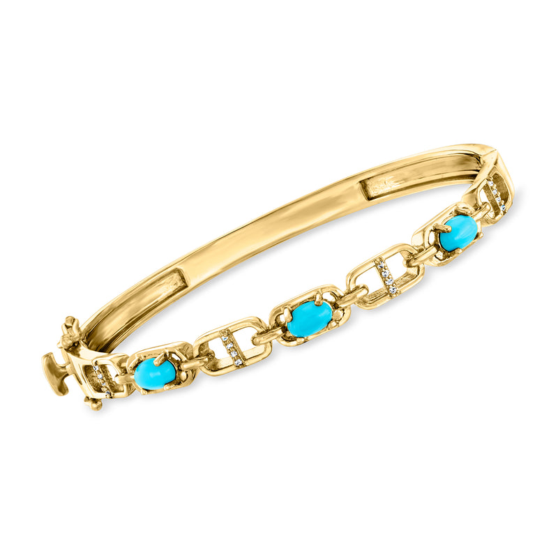 Gold over sterling mariner-link bangle with turquoise oval stones and diamond accents