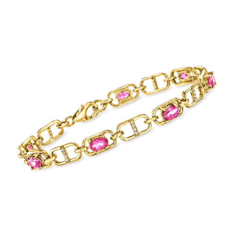 Yellow gold over sterling mariner-link bracelet with pink gemstone and diamond accents