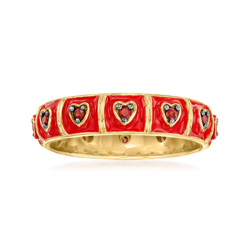 Garnet and red enamel heart ring, 18kt gold-over-sterling, with heart stone settings