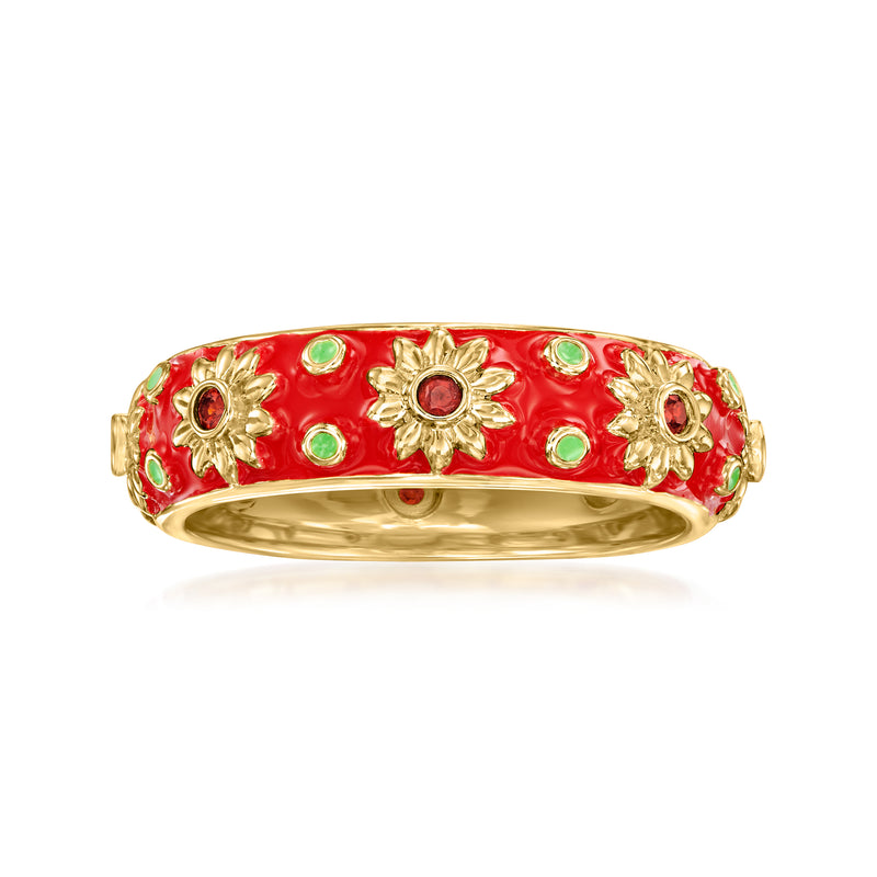 18kt gold over sterling enamel flower ring with red band, green accents and round gems