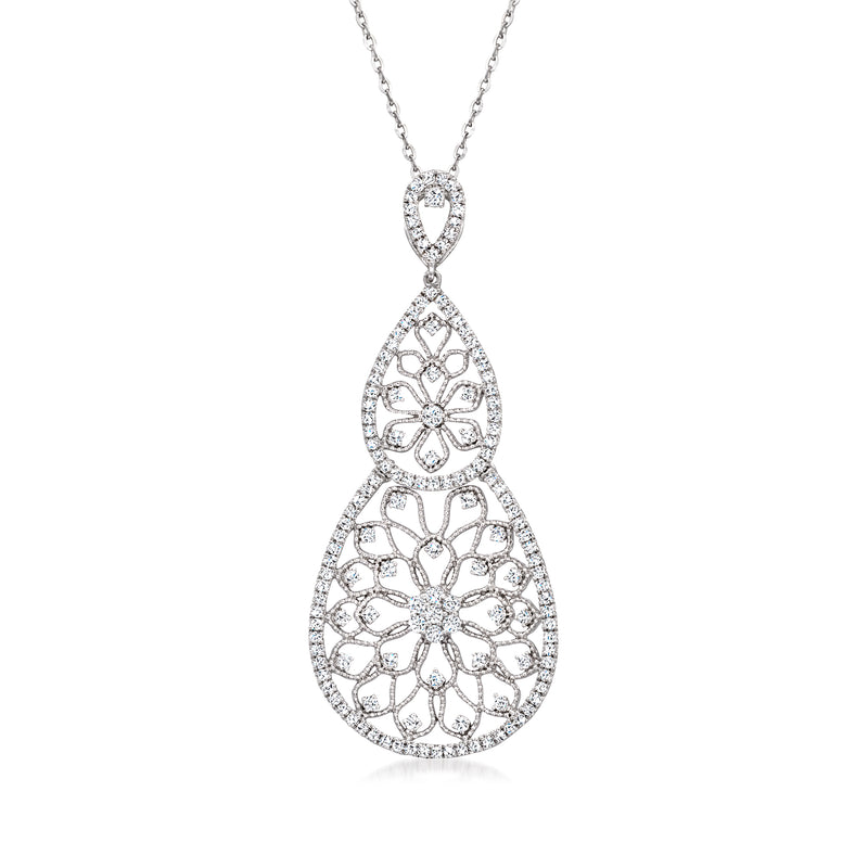 14kt white gold diamond filigree pendant necklace with teardrop floral drop