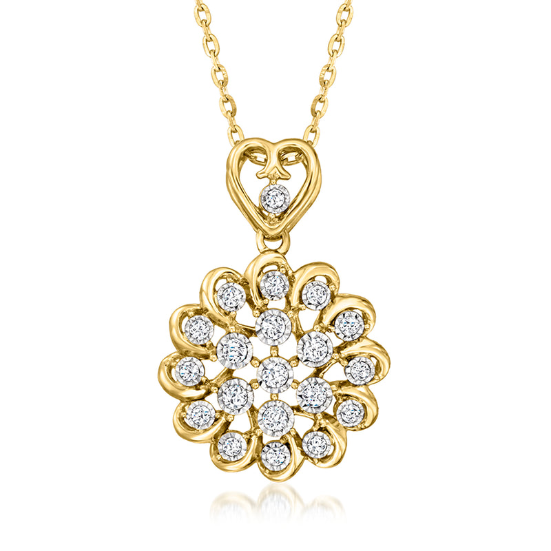 14kt yellow gold diamond flower pendant necklace with heart-shaped bail and round stones
