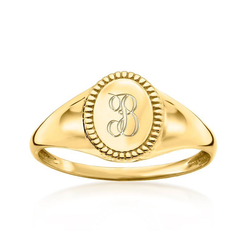 14kt yellow gold signet ring with raised oval initial B