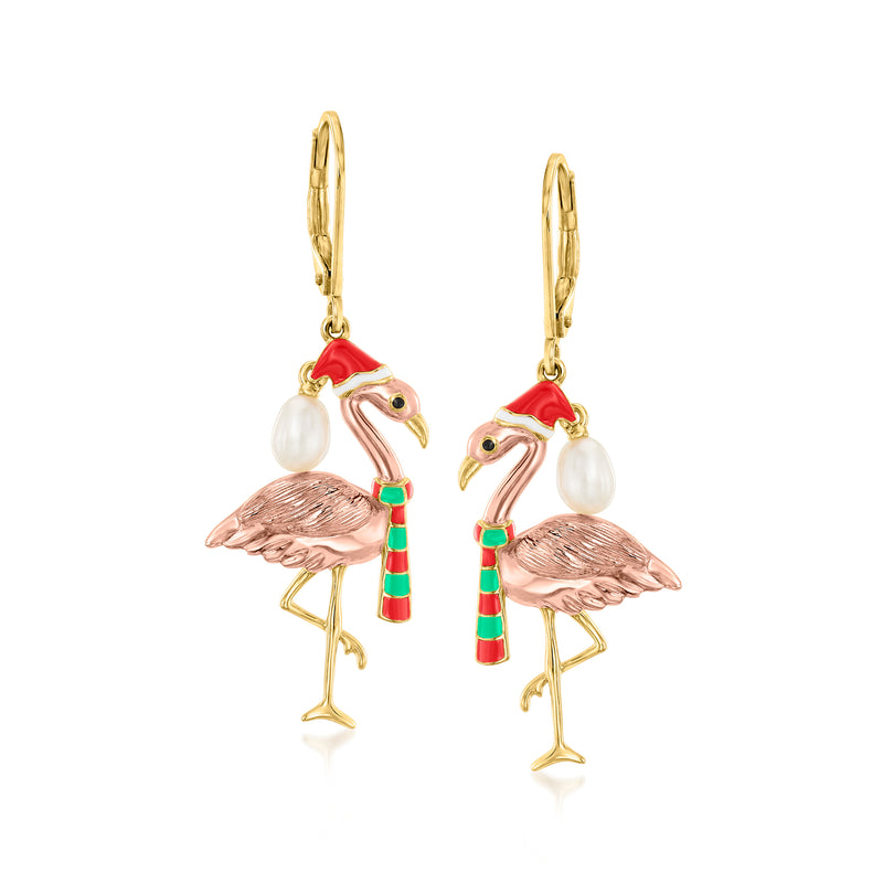 Two-tone sterling silver flamingo drop earrings with white cultured pearls and enamel detailing
