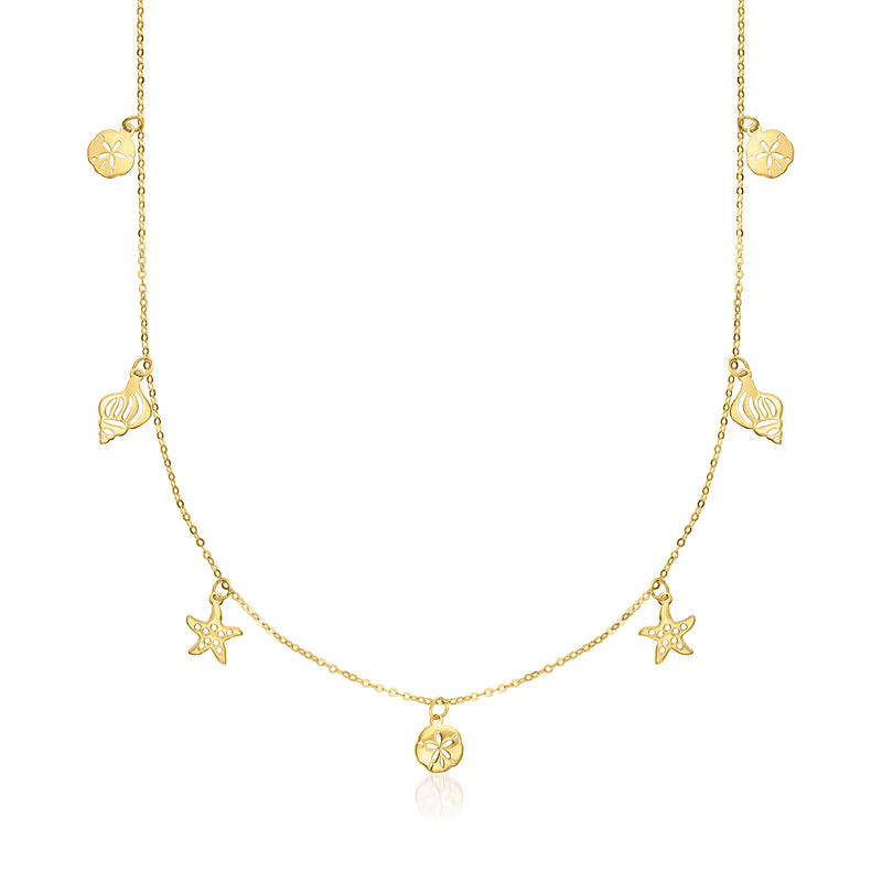 Yellow gold sea life station necklace with starfish and shell charms