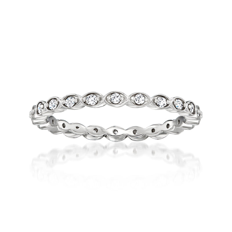 Sterling silver diamond eternity band with round bezel-set stones, linked scallop design