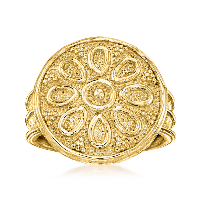 18kt gold over sterling ring with oval floral medallion face and split shank