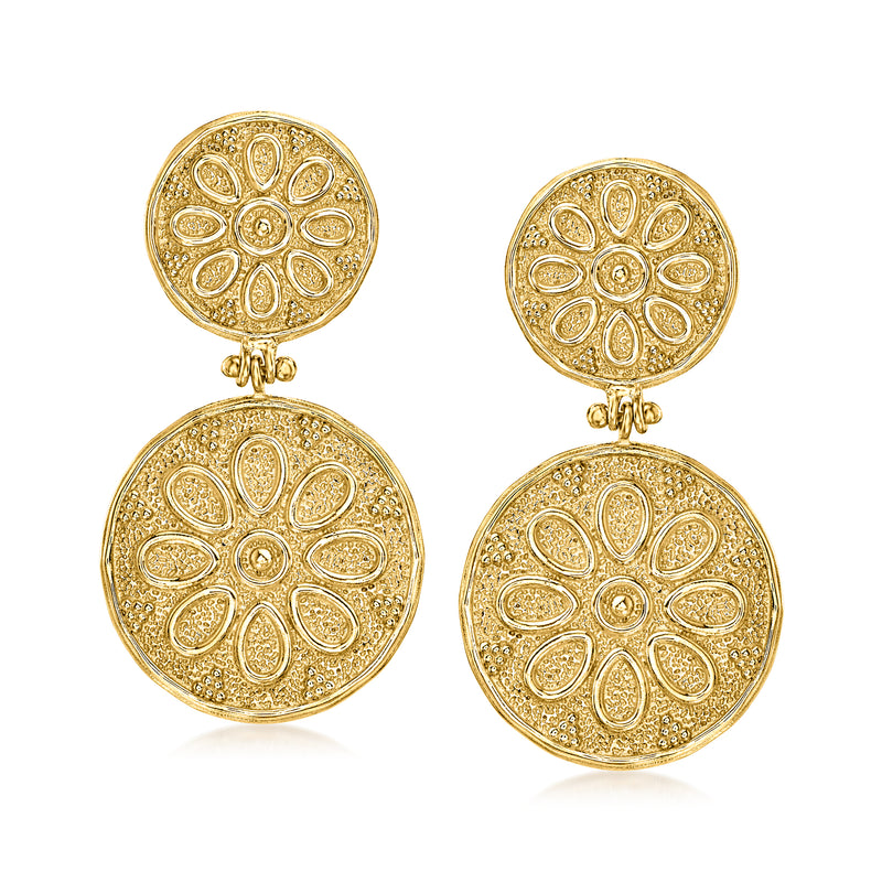 Gold-tone floral medallion drop earrings with two round textured discs