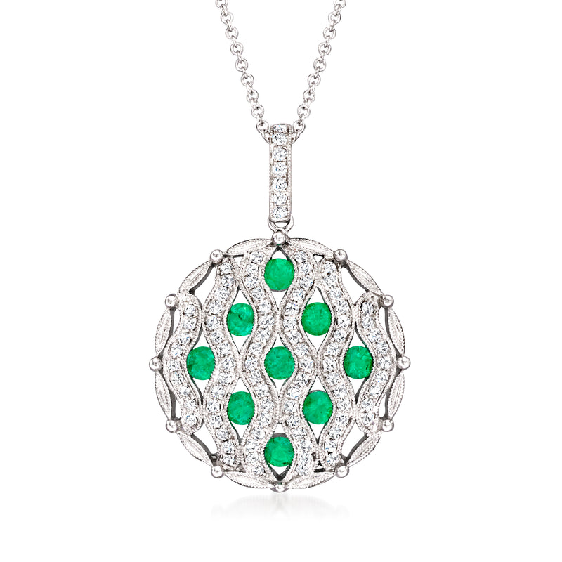 14kt white gold pendant necklace with round pave diamond frame and green emerald accents