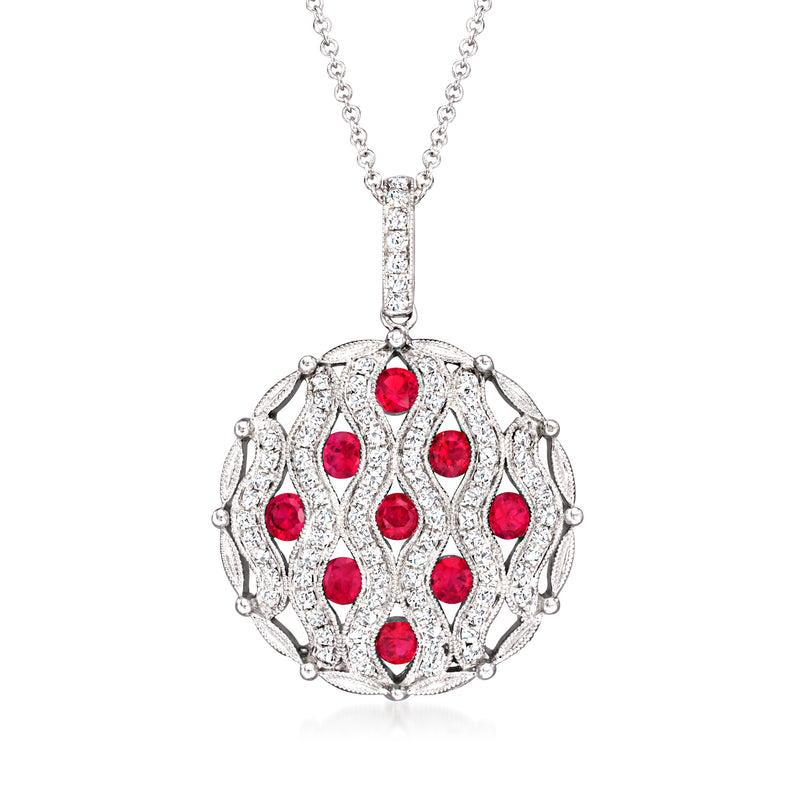 Ruby and diamond milgrain pendant necklace in white gold