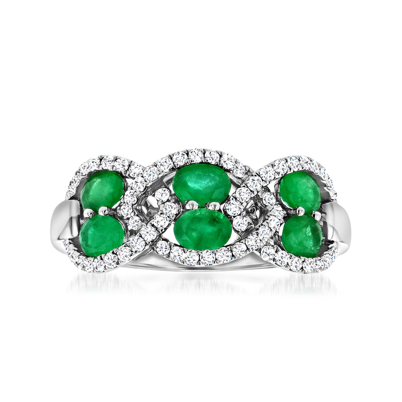 18kt white gold interlocking ring with green emerald stones and diamond accents