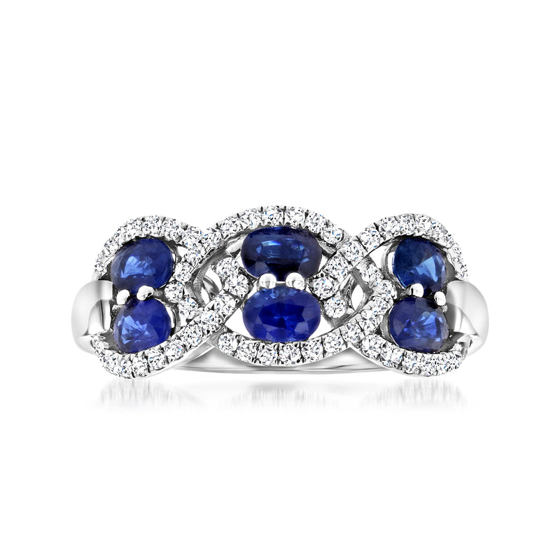 Interlocking sapphire and diamond ring, blue oval stones, 18kt white gold
