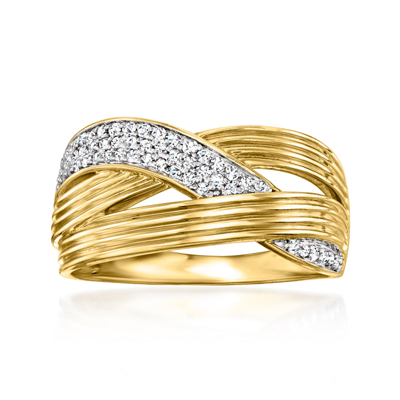 14kt yellow gold diamond crisscross ring with pavé-set crossover design