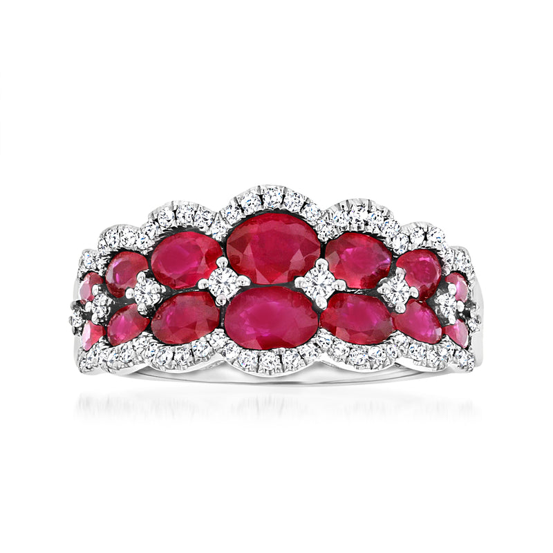 18kt white gold ring with red oval rubies and small round diamond accents
