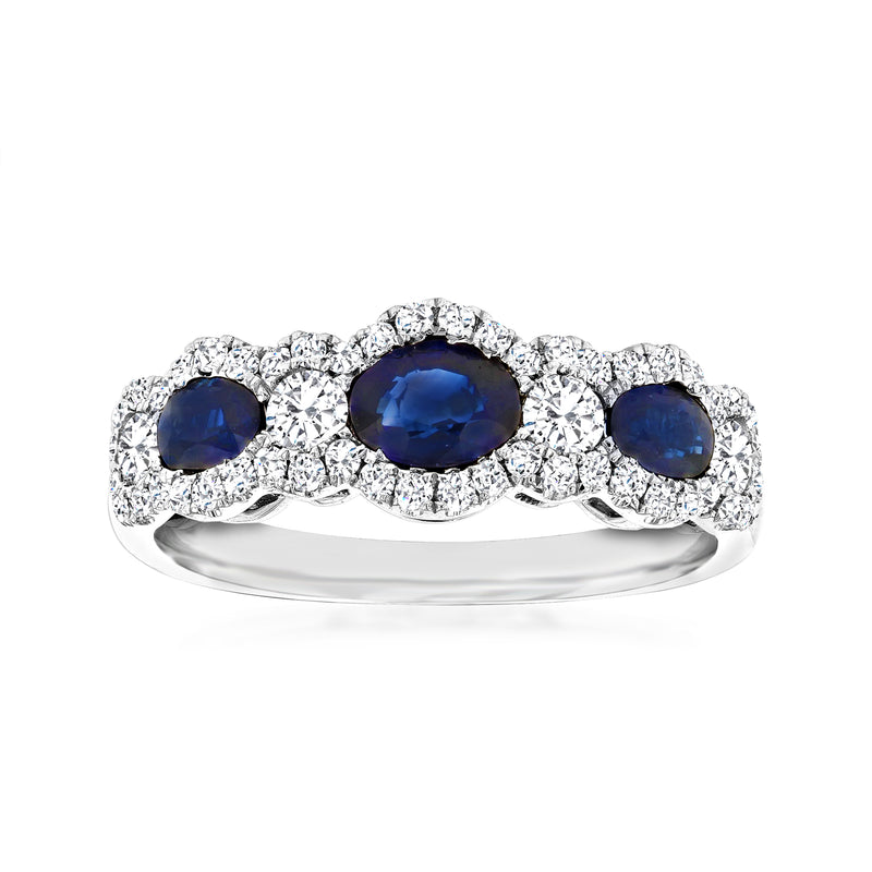 Three-stone sapphire and diamond ring in 18kt white gold, three oval blue sapphires