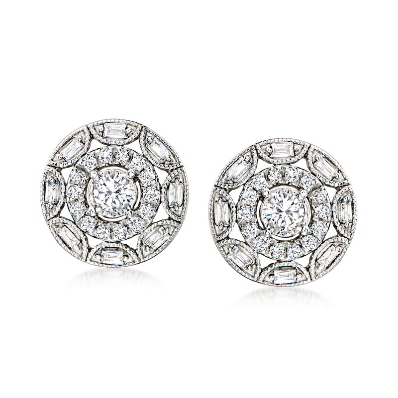Sterling silver round diamond cluster stud earrings with baguette accents, post backs